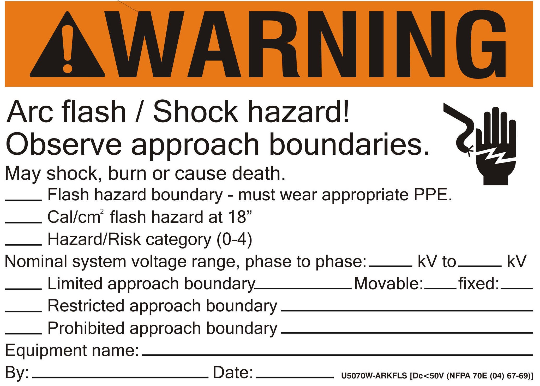 Cementex arc flash warning label, approach boundary