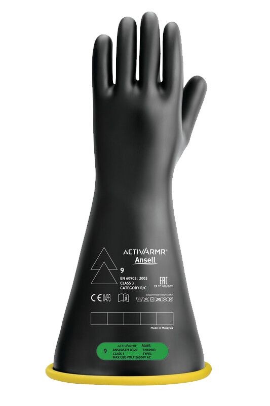 Cementex Class 3 insulating gloves, yellow under black, straight cuff