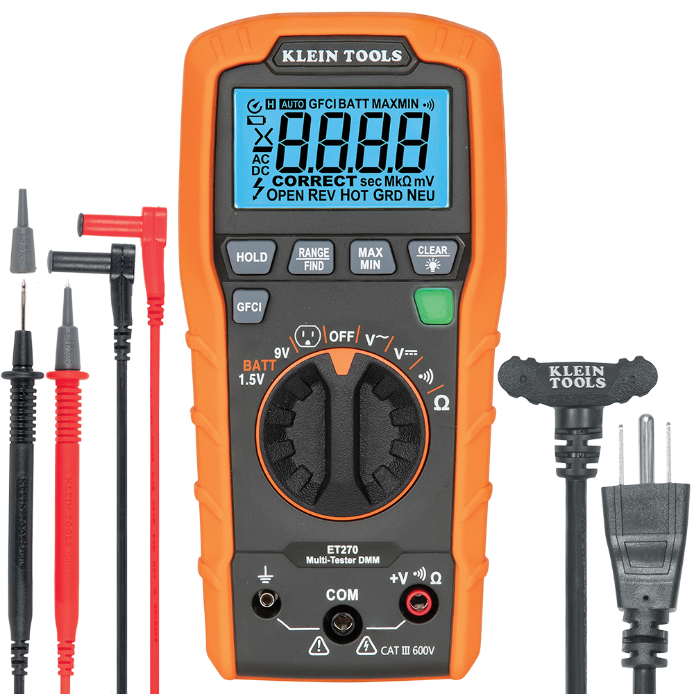 Klein Auto-Ranging Digital Multi-Tester with Standard/GFCI Receptacle Tester # ET270