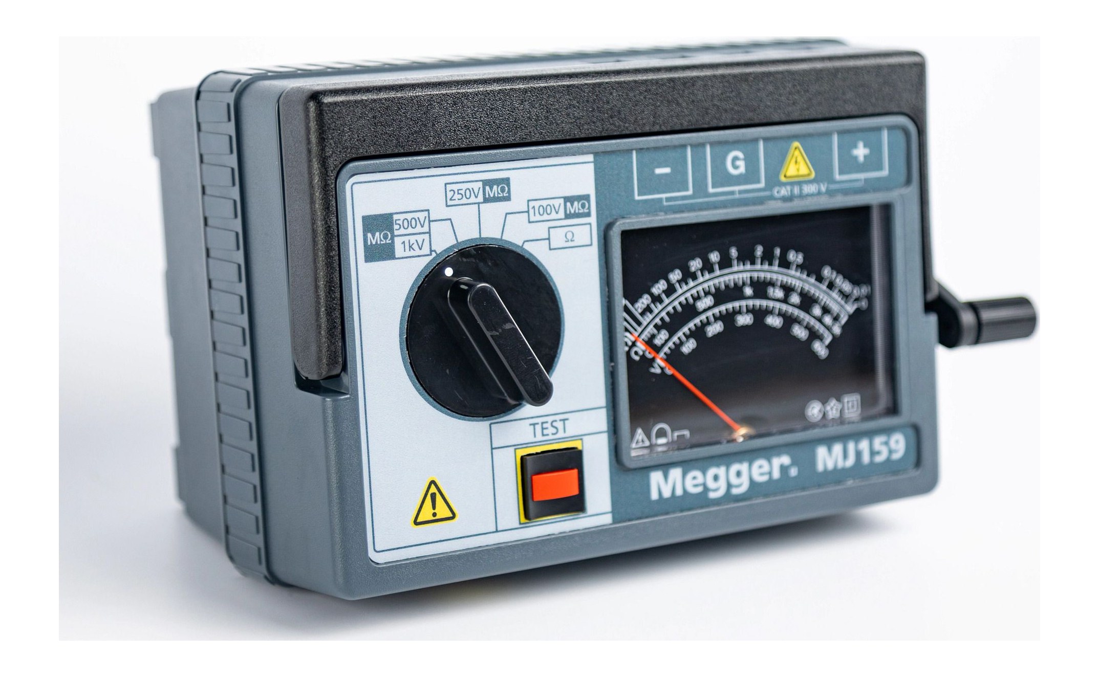 Megger MJ159 analog insulation tester, three-quarter view