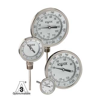 NOSHOK 300 Series Industrial, External Reset Bimetal Thermometer, 2" Dial, Back Connection, 2-1/2" Stem # 20-310-025