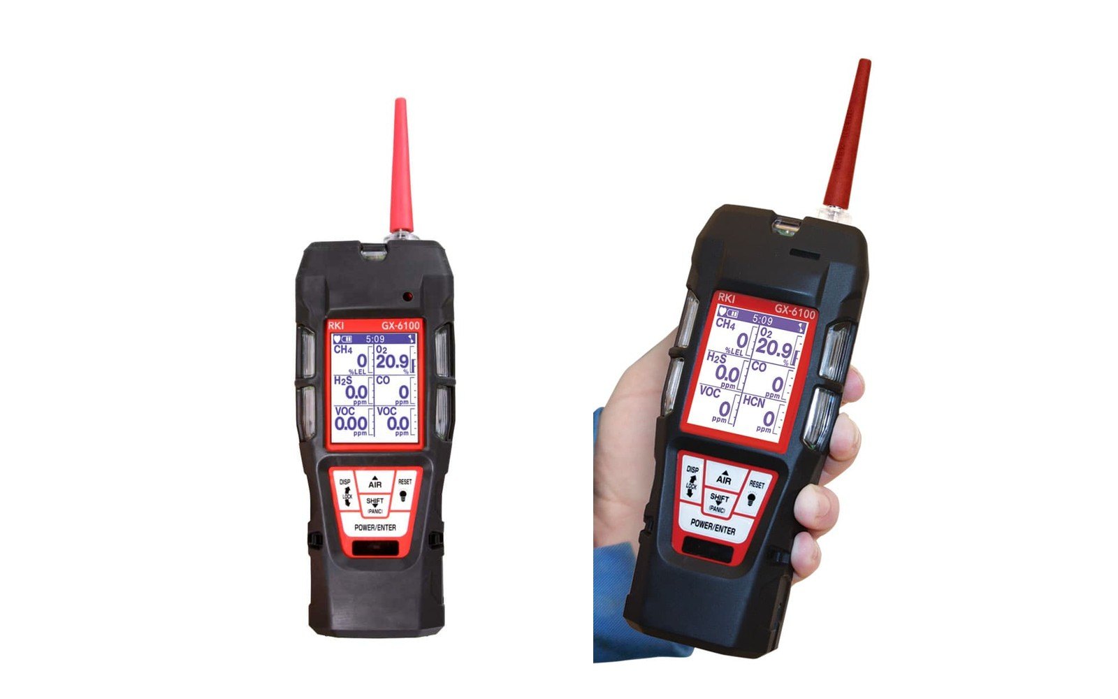RKI GX-6100 six-gas sample-draw monitor, standing and in hand