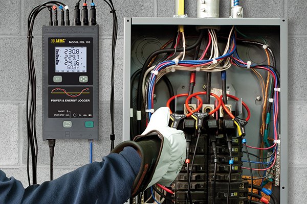 AEMC PEL 103 power and energy logger from the Valley rental fleet clamped into a distribution panel