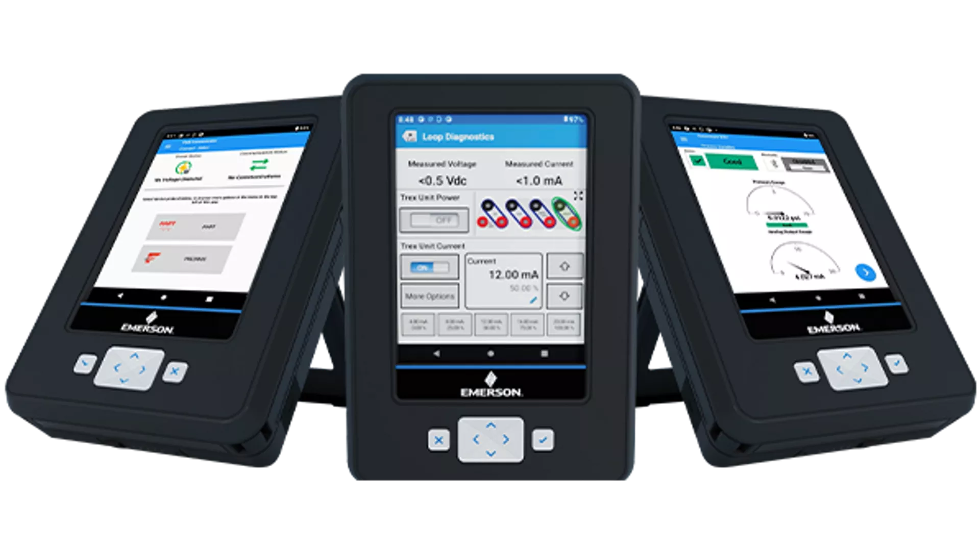 Three Emerson AMS Trex 2 handheld device communicators showing the Field Communicator, Loop Diagnostics, and device-health screens — the flagship products for Process Control and Automation